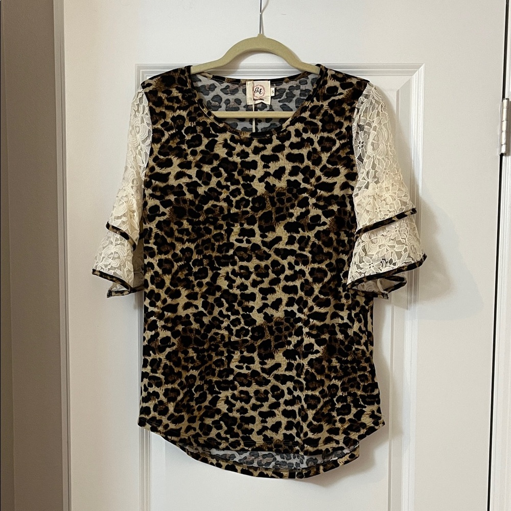 Leopard Print Blouse with Lace Sleeves